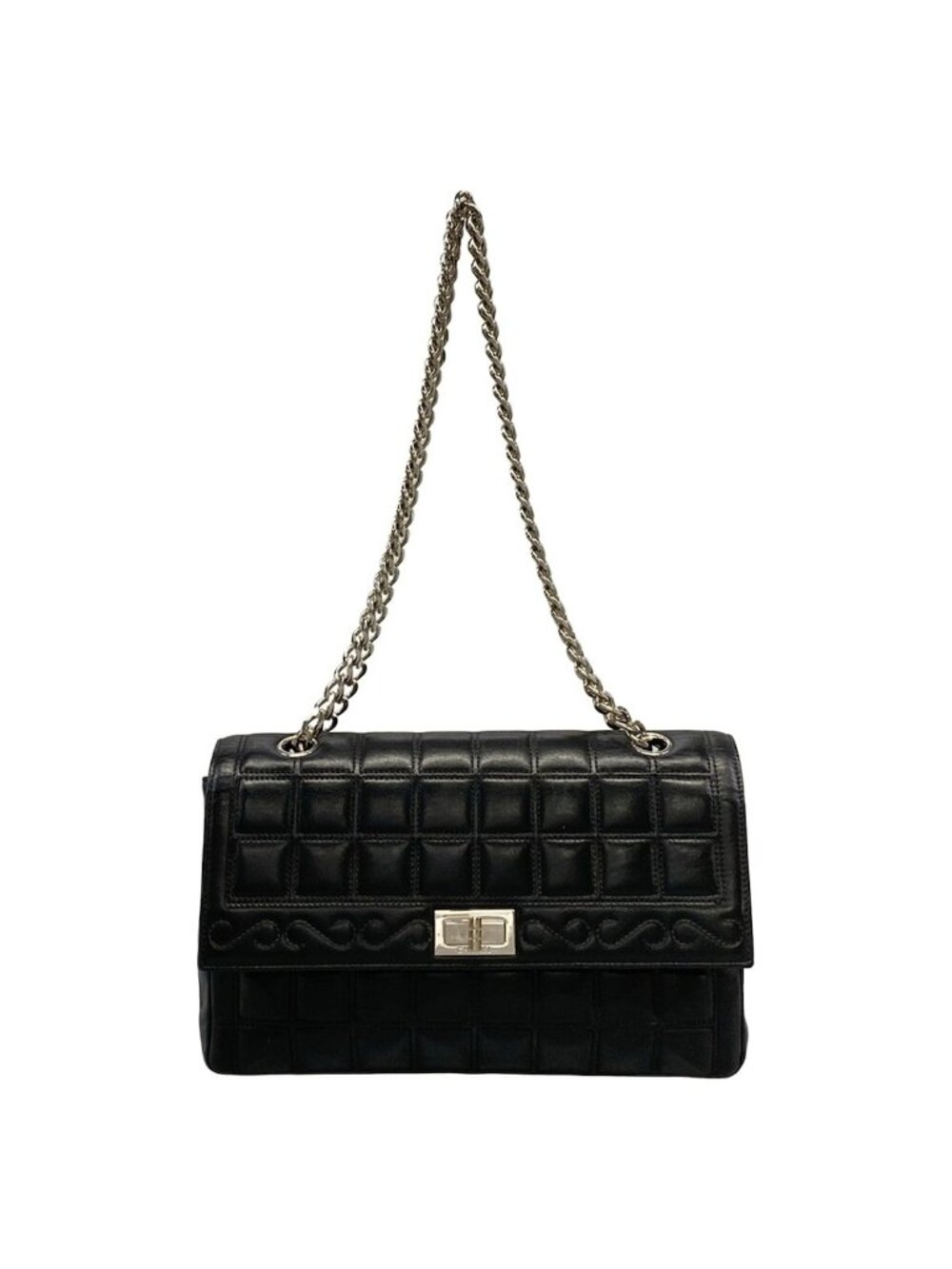 Chanel Shoulder Bag Choco Bar 2.55 Black CC Logo Rhinestone Chain Silver